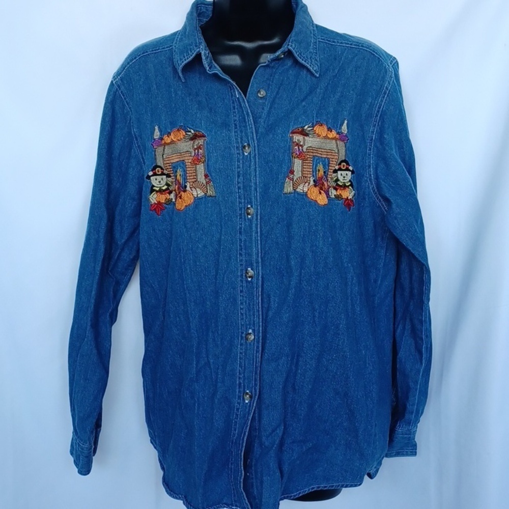 Bobbie Brooks Blue Embroidered Denim Shirt, Sz S, Fall, 19" PTP, 29"L